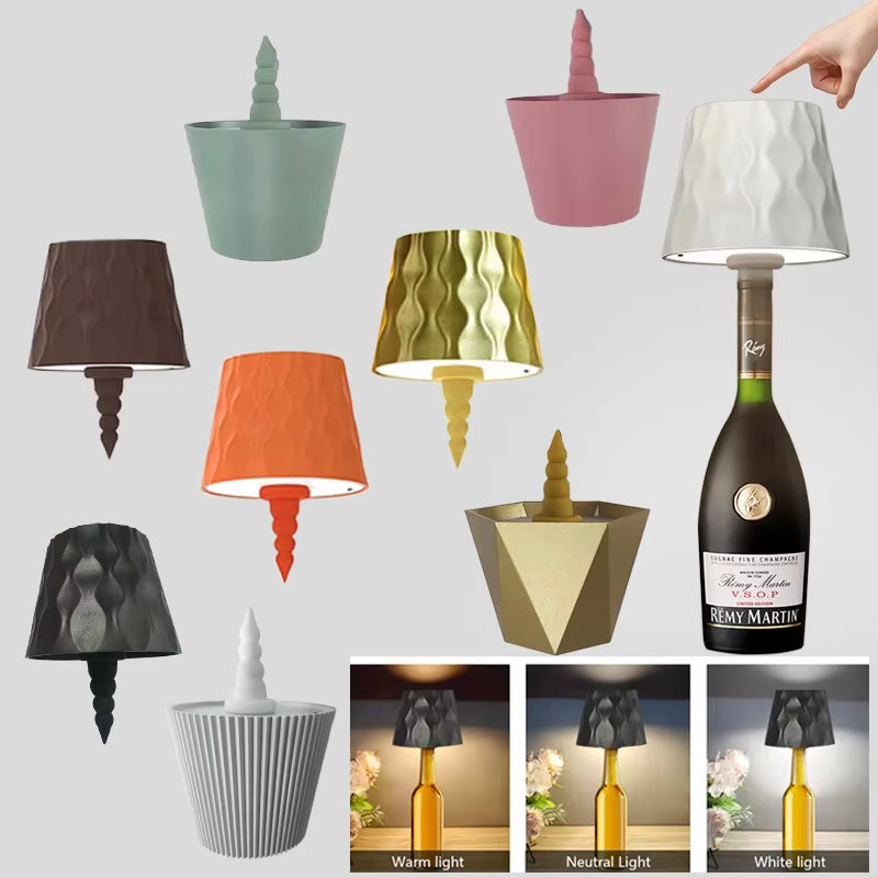 Modern Wireless Bottle Table Lamp Touch Control of 3 Colors and Stepless Dimming Night Lamp for Wine Bottles Decor Desk Lights