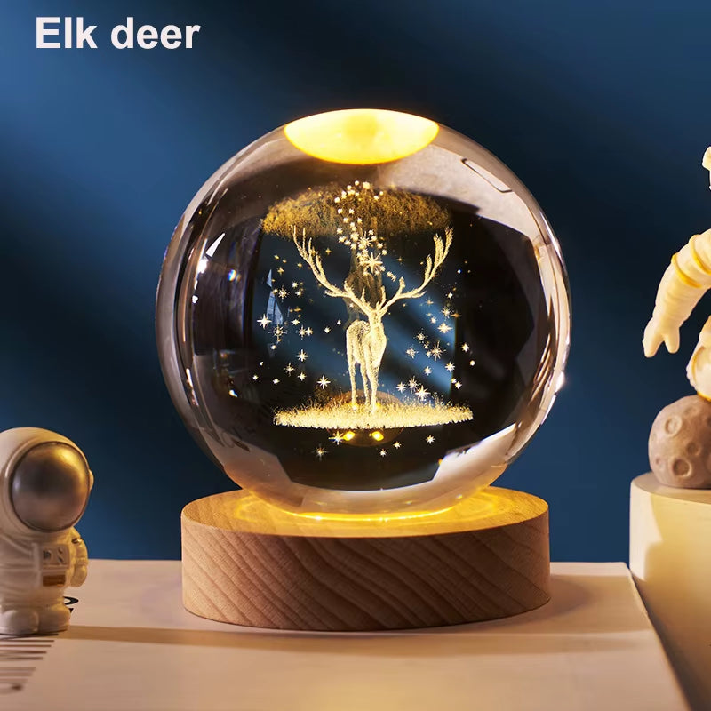 6Cm 3D Crystal Ball Decoration 2024 Astronomy Solar System Planets Moon Astronaut LED Balls Home Snow Glass Globe Decorations