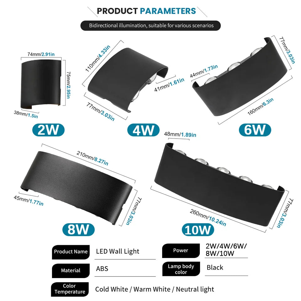 LED Wall Lights up & down AC85-265V ABS Waterproof Led Lights Modern Indoor Outdoor Appliances for Wall Panels Home Garden Yard